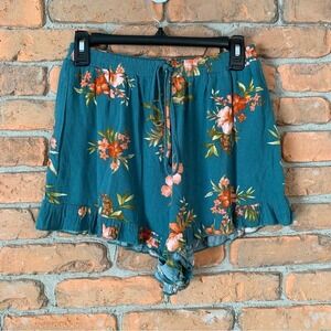American Eagle Floral Shorts Womens Small‎ Green Drawstring Ruffle Hem Summer
